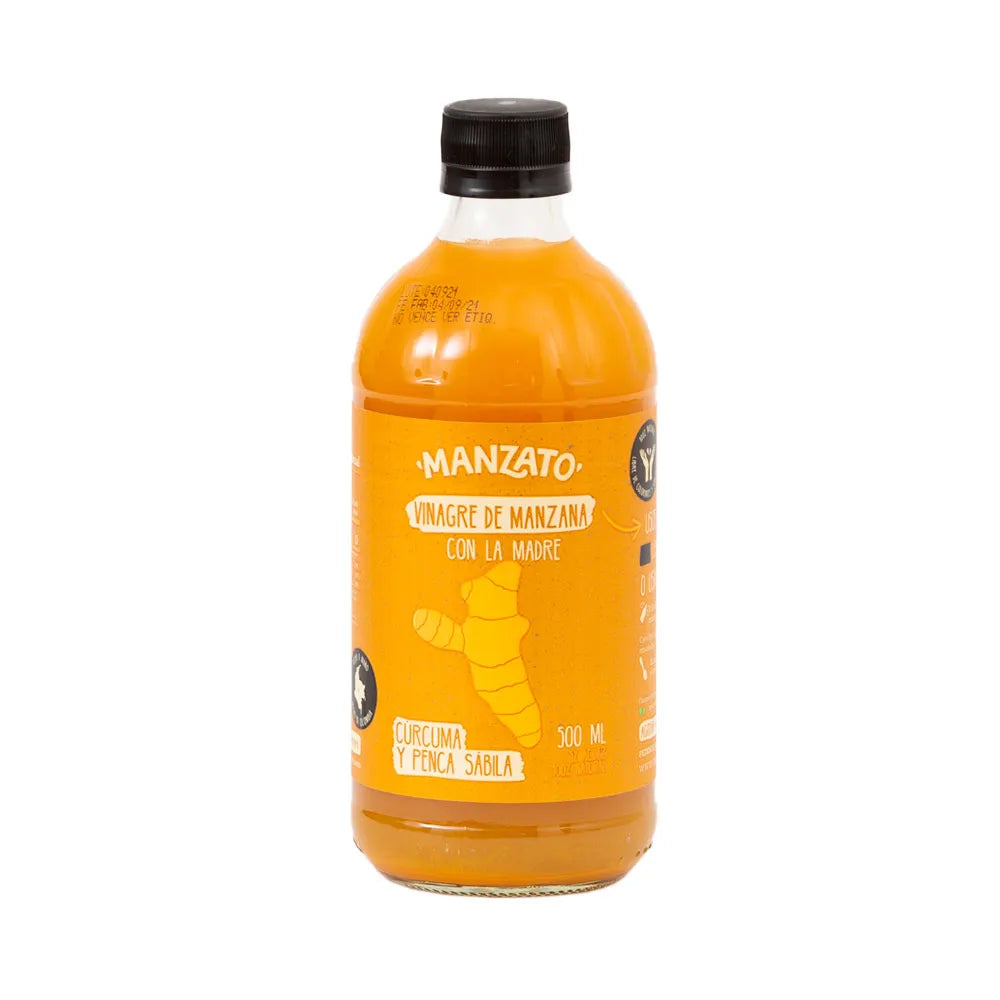 Vinagre de Manzana con Cúrcuma, Pimienta Negra y Penca de Sábila 500 ml – Manzato | Plazet