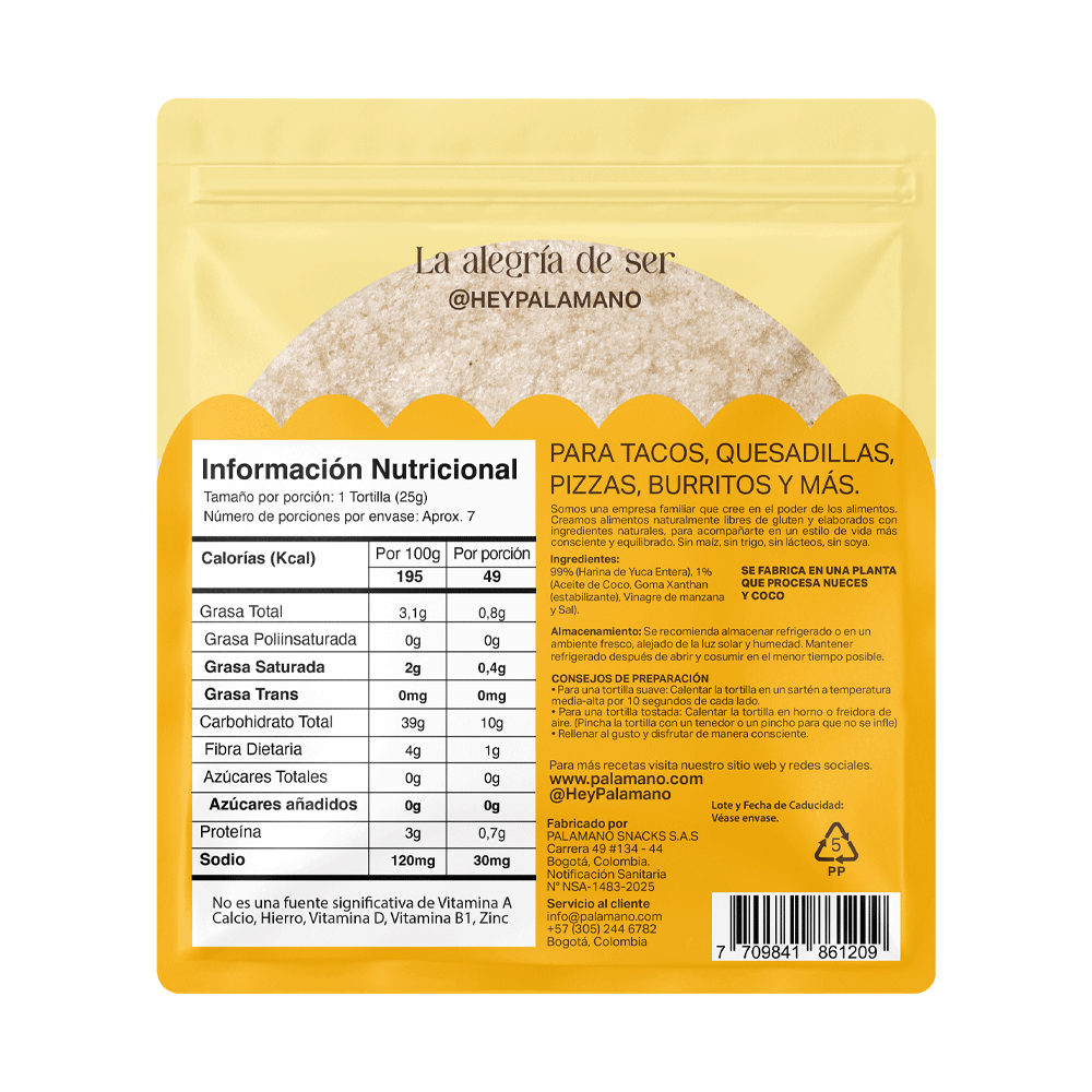 TORTILLA YUCA X 175 GR - 7 UND - PALAMANO