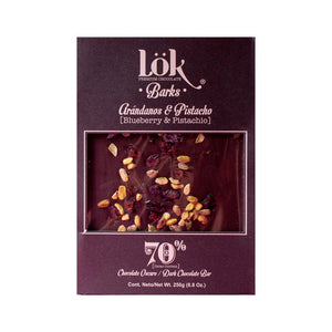 SUPER BARKS 250 G 70% CHOCOLATE ARANDANOS PISTACHO LOK