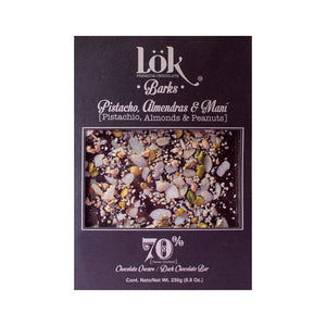 SUPER BARKS 250 G 70% CHOCOLATE PISTACHO ALMENDRAS MANI LOK